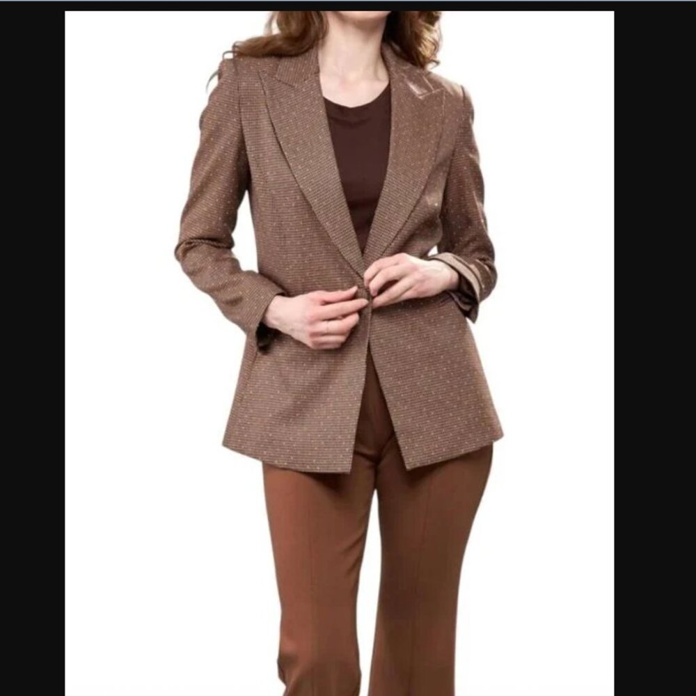 Insight Natural Woven Houndstooth Blazer with Crystal Accents - Cinnamon - 10
